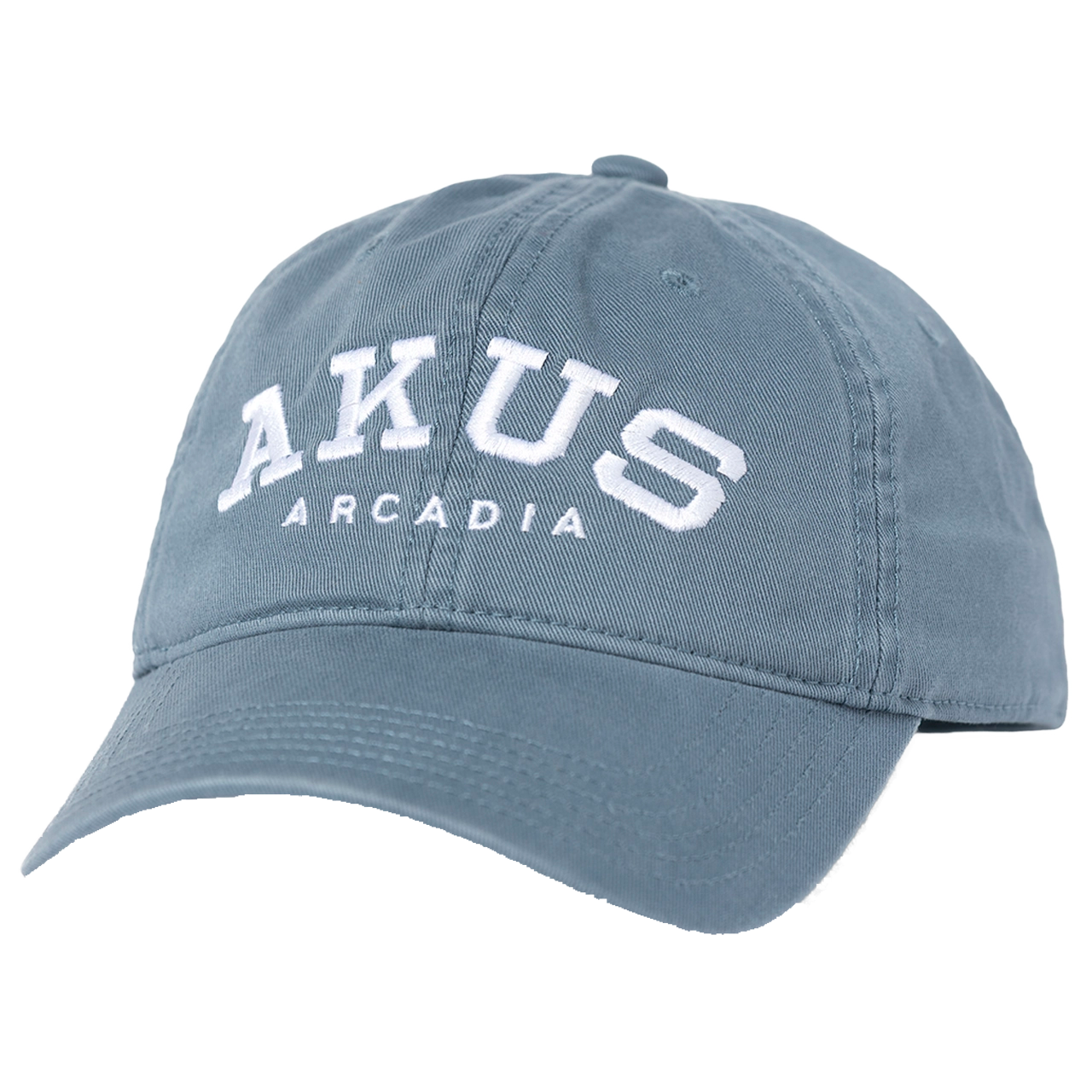 Blue Dad Cap that features white embroidered letters that read "AKUS Arcadia"