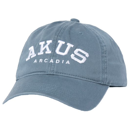 Blue Dad Cap that features white embroidered letters that read "AKUS Arcadia"