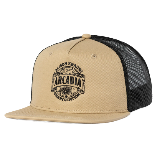 Tan and Black flat bill Arcadia hat